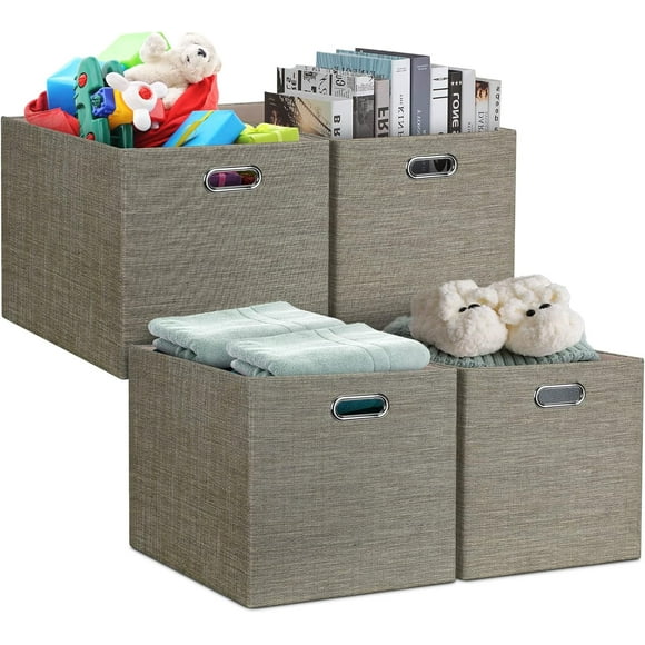Posprica 13x15x13 Storage Cube Bins, Foldable Collapsible Storage Bins Boxes, Fabric Decorative Storage Baskets Organizer for IKEA Kallax, Shelves, Closet, Clothes, Toy, Set of 4-Coffee