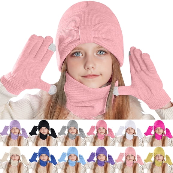 Lispipm Kids Hats Gloves Scarfs Set for Childens Gifts Winter Warm Knitted Windproof Sets Thick Cuffed Cap and Mittens Beige