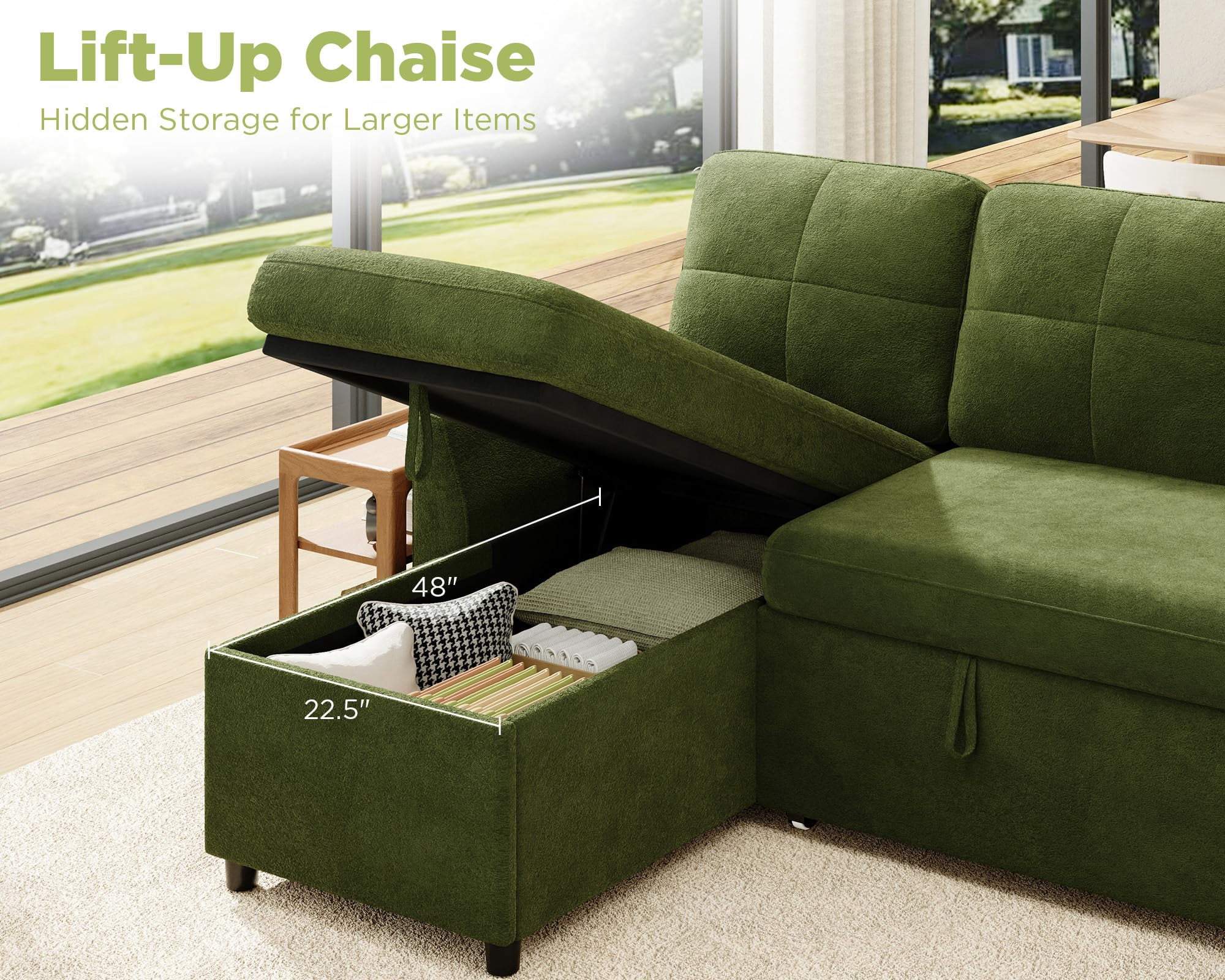 Merluxy 83.5'' Sectiona Sofa Bed with Storage - Green Sleeper Couch for Living Room, Linen