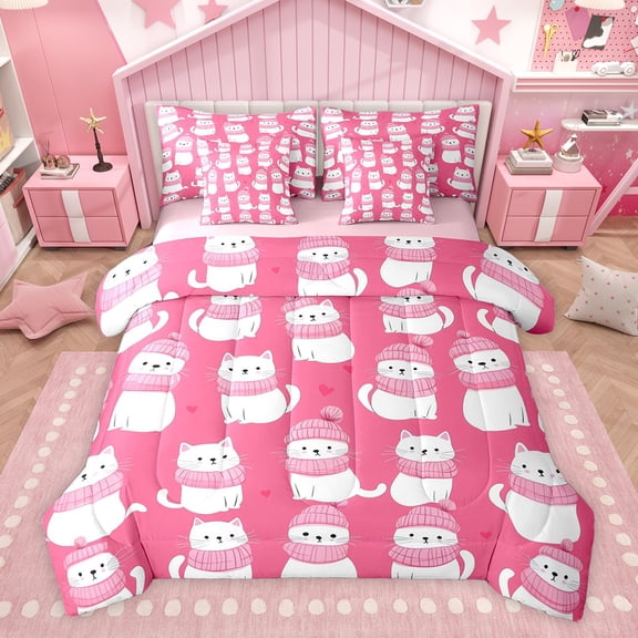 Castle Fairy White Cats Twin Bedding Sets,Kawaii Pet Bedding Comforter Set