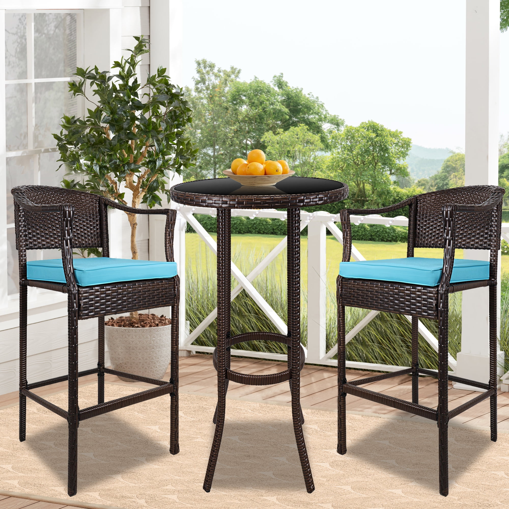Patio Bar Height Bistro Sets 3 Piece Furniture With High Glass Top Table And Cushioned Chairs Outdoor Wicker Pe Rattan Conversation Set 2 Stools For Garden Balcony - Bistro Bar Patio Furniture Sets