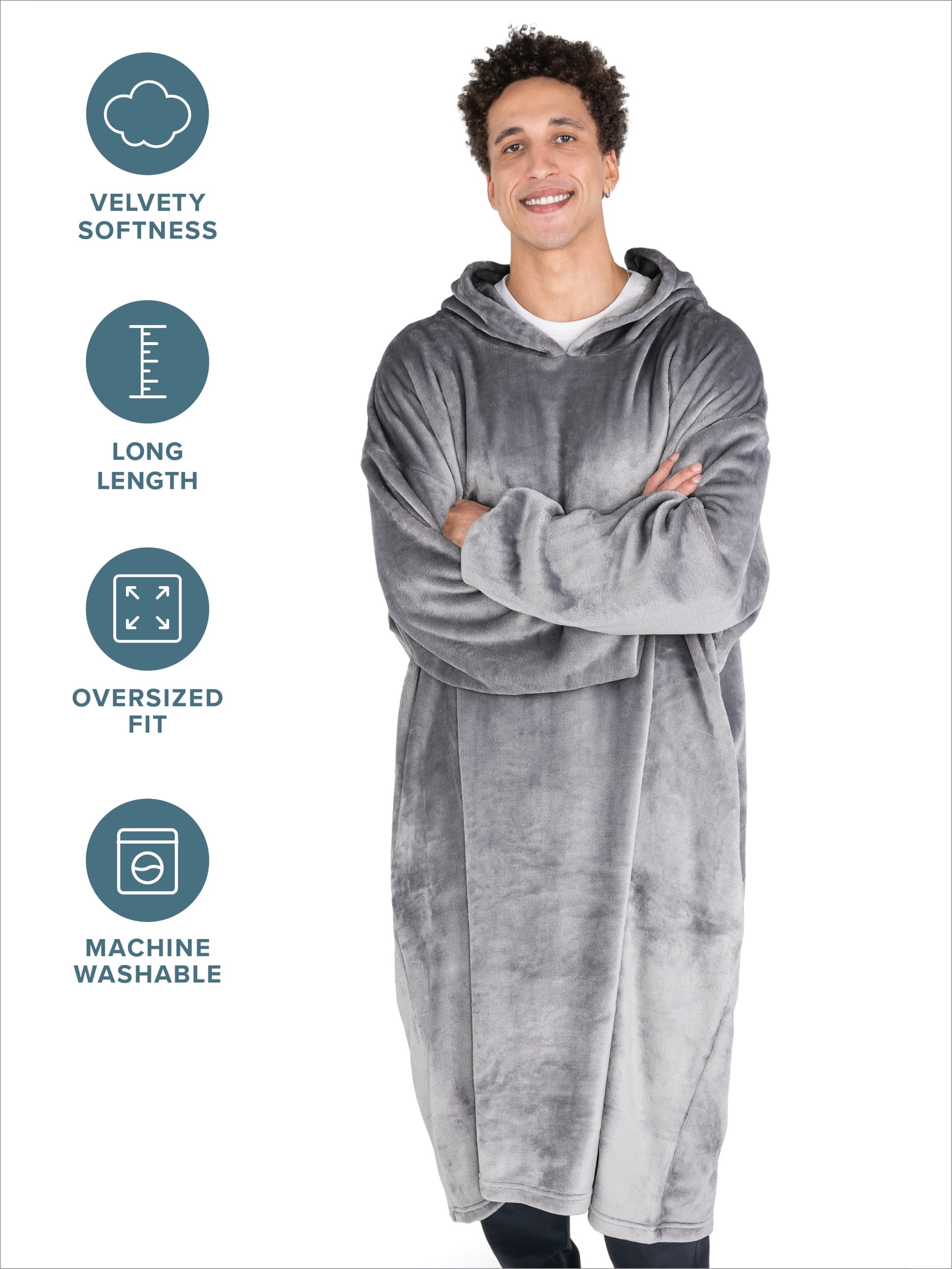 Bare Homey Adult Size Microplush Wearable Blanket - Long Length - Zipper Side Pockets, Gray