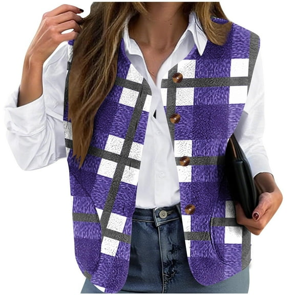 successthop Plaid Vest for Women Fuzzy Flannel Oversized Plus Size Waistcoat Lightweight Button Up Outerwear Winter Coat