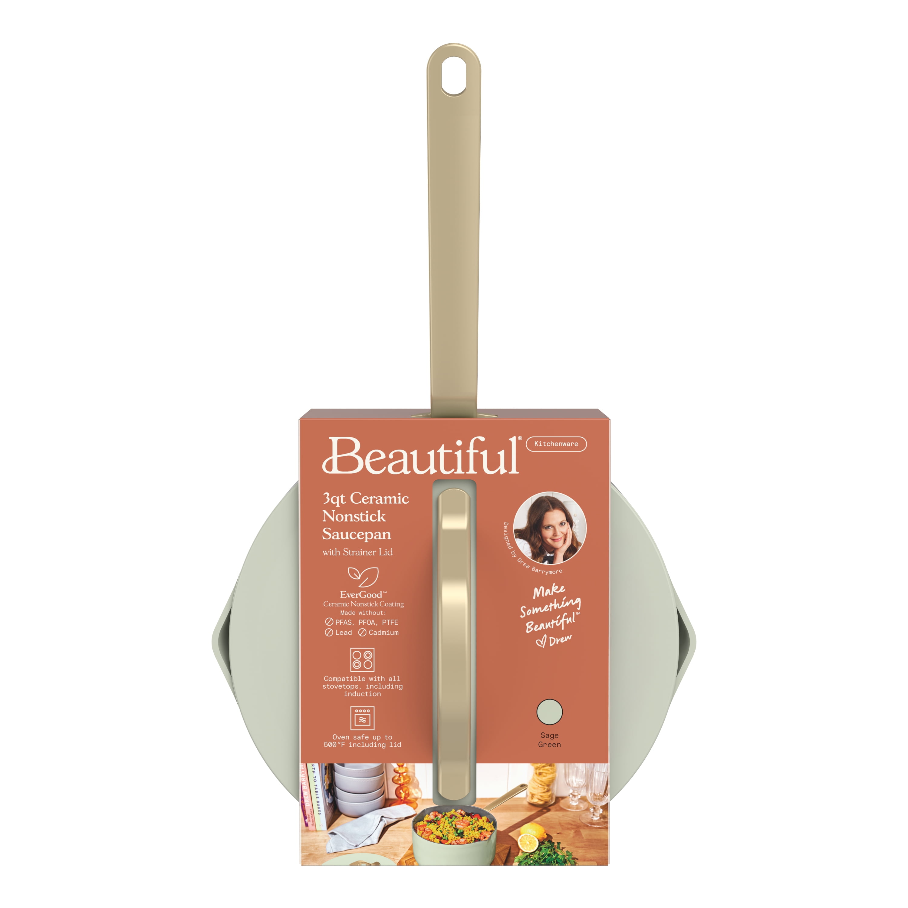 Beautiful 3 Quart Ceramic Non-Stick Covered Sauce Pan with Strainer Lid, Sage Green by Drew Barrymore
