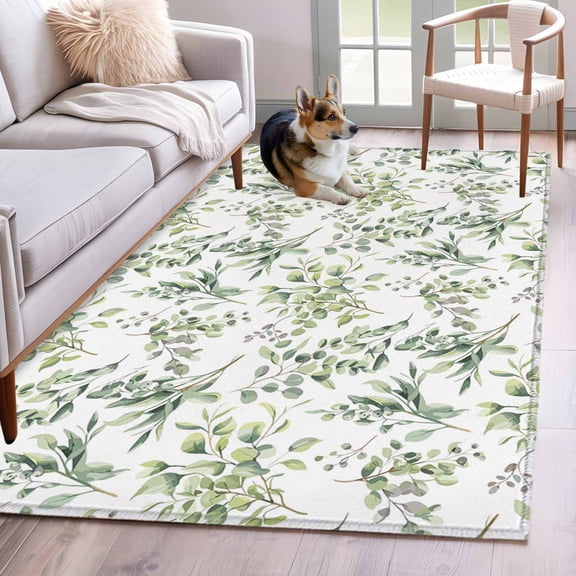 3'x5' Rug for Living Room Bedroom, Sage Green Eucalyptus Washable Area Rugs Non-Slip Carpet Mats, Spring Watercolor Botanical Leaves Indoor Low Pile Area Rug Runner for Kitchen, Mudroom