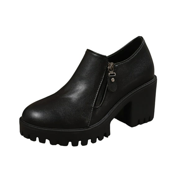 Wensltd Women Chunky Shoes Zipper British Style Loafers Solid Color Round Toe Women Wide Width Shoes