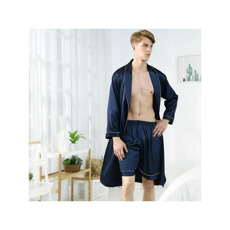 Men s Satin Pajama Set Silk Robe Boxer Underwear Long Sleeves Pockets Loungewear Kit