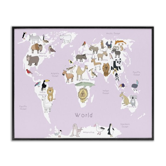 Stupell Industries Modern Kid's Map of the World with Animals Light Pink Black Framed Giclee Art, 14 x 11, by Carla Daly