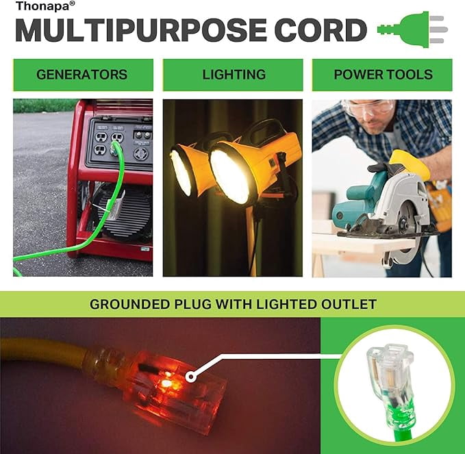 Thonapa 50 Ft Extension Cord, Weatherproof Heavy Duty Outdoor Extension Cord 10 AWG 50', SJTW 3 Prong Lighted Plug 10/3 Neon Green Cable 15 Amp, Great for Major Appliances & Garden Tools