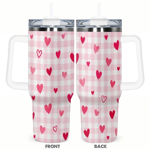 40oz Pink Heart Gingham Insulated Tumbler with Handle and Straw Stainless Steel Vacuum Travel Cup Valentine Love Pattern Coffee Cup Gift