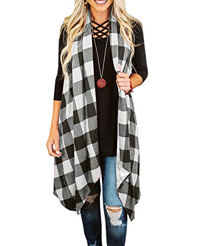 Ivay Womens Plaid Open Front Cardigan Sleeveless Drape Lightweight Vest Coat with Pockets