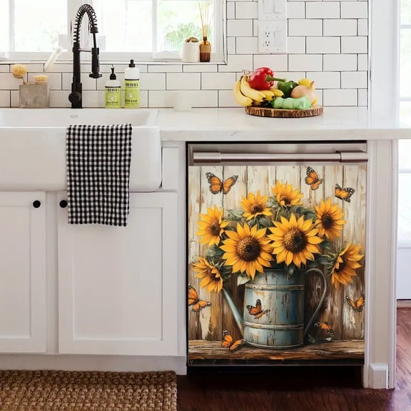 2pcs Rustic Sunflower & Butterfly Vinyl Wall Decals in Watering Can Design - Easy Peel & Stick, Removable Modern Home Decor for Living Room, Kitchen, Garden Decor