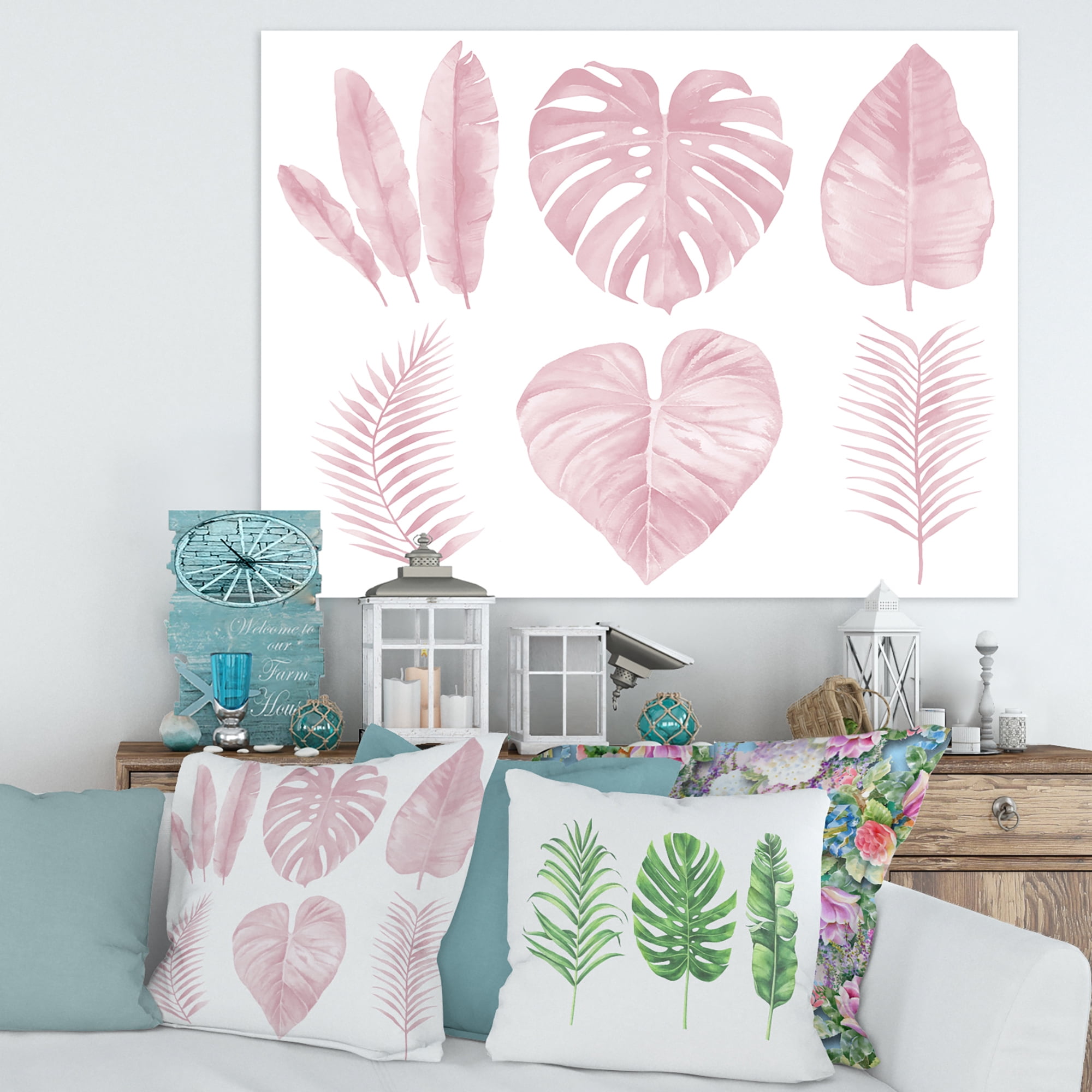 Tropical Pink Watercolour Leaves On White I 8 in x 12 in Painting Canvas Art Print, by Designart