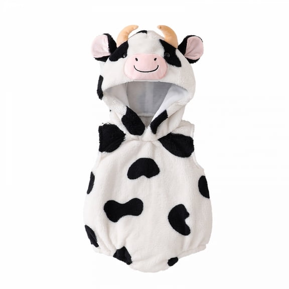 Cjfdfy Newborn Baby Boy Girl Halloween Animal Outfit Cow Costume Plush Sleeveless Hooded Romper Infant Cute My First Halloween Cartoon Animal Costumes Outfit 1-16 Months