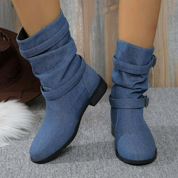 Bnwani Cowboy Boots for Women Fall Winter Fashion Denim Toe Mid-Heel Chunky Mid-Calf Strap Versatile Casual Solid Boot Blue Size 5.5