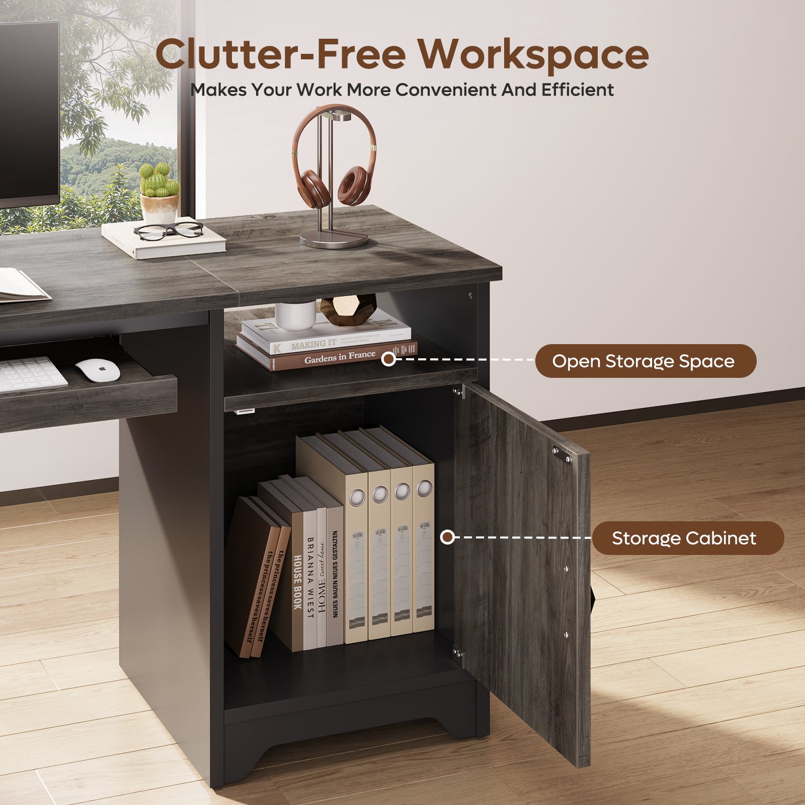 Bestier Home Office Desk 47" Computer Desk Small PC Table with Keyboard Tray and Storage Cabinet,Wash Gray