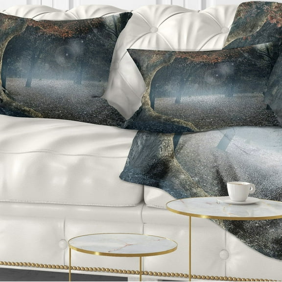 Designart Big Trees in Dark Foggy Forest - Landscape Photography Throw Pillow - 12x20