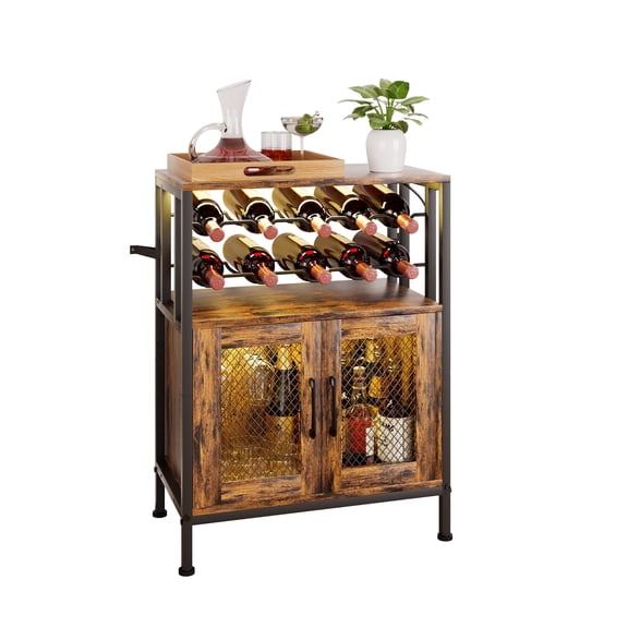Enogets Bar Cabinet with LED Lights, Rustic Wine Bar Cabinet for 10 Bottles & 8 Glasses, Freestanding Liquor Cabinet with Storage Doors for Kitchen Dining Room Home Bar
