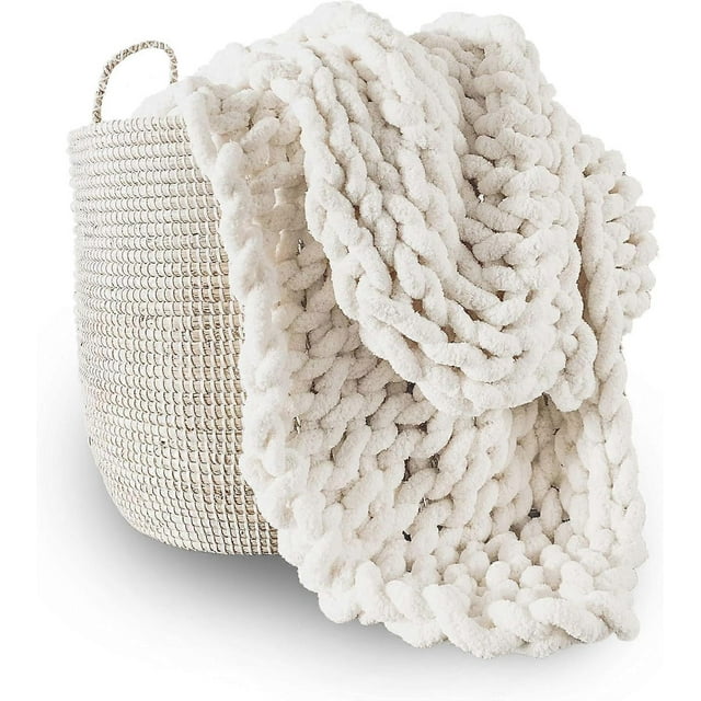 Chunky Knit Blanket Throw Hand Knit with Jumbo Chenille Yarn (50"x50", Cream White)
