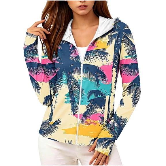 cocolona Womens Zipper Hoodies Long Sleeve Thumb Hole Printed Sweatshirts Casual Beach Vacation Sun Protection Tops