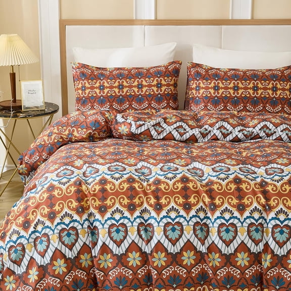 Duvet Cover – 100% Cotton Boho Bedding Set, Soft Burnt Orange Geometric Pattern with Zipper Closure, 3 Pieces Vintage Mediterranean Comforter Cover