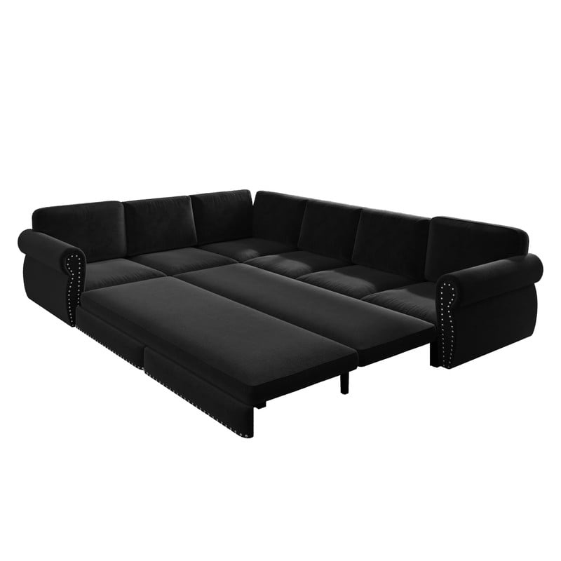 118" L-Shaped Convertible Sleeper Couch Bed, Chenille Upholstered Sectional Sofa with Pull-Out Sofa Bed, Modern Chesterfield Sofa for Living Room