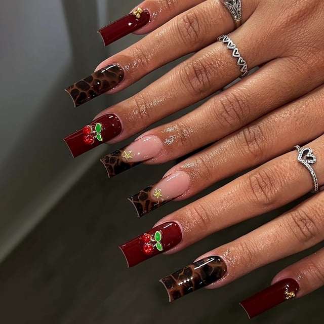 Presiona las uñas BABALAL, largas, cuadradas, marrones, color rojo tortuga, 24 unidades