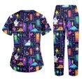 thumbnail image 5 of Halloween Women's Medical Scrub Set, V-Neck Short Sleeve Top & Straight Leg Pants, 2-Piece Work Uniform with Multi Pockets for Nurses & Healthcare Staff, Multicolor, S, 5 of 5