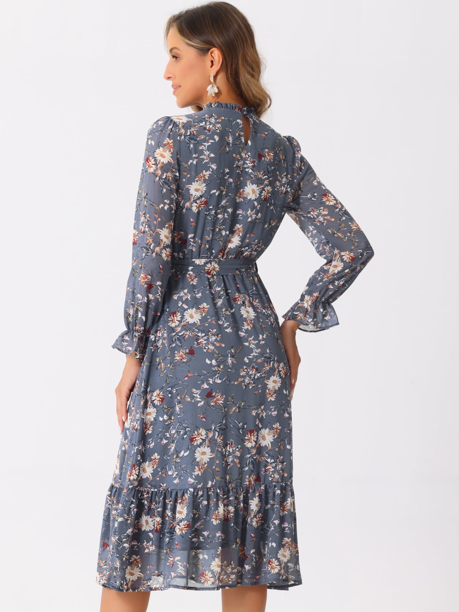 DARING DIVA Fall Floral Long Sleeve Chiffon Midi Dress L Grey Blue
