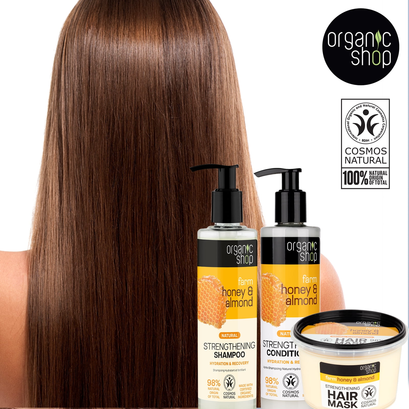 Organic Shop Raw Honey & Almond – High Strengthening Shampoo + Conditioner & Hair Mask Deep Repairing - 100% Vegan & Organic, Rich In Vitamins & Minerals, Silky Hydration & Nourishing. 9.5 Fl Oz