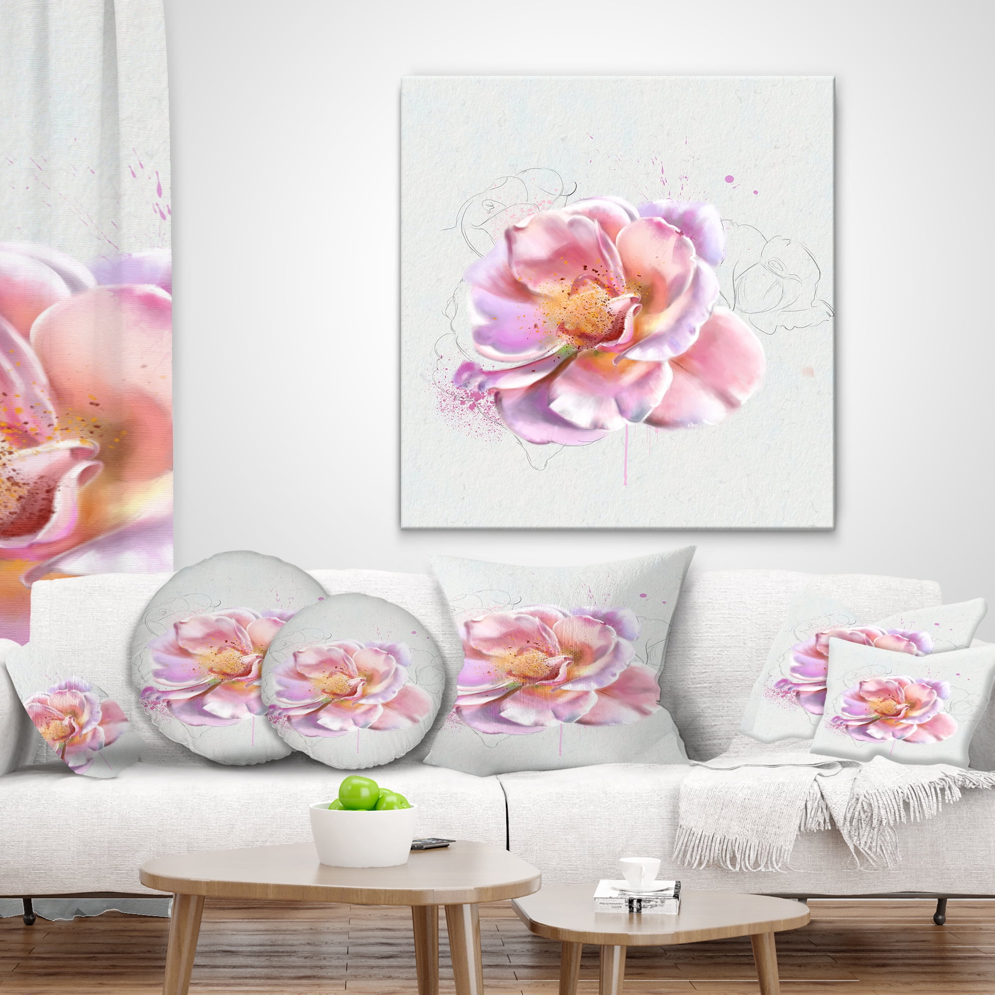 Designart Cute Watercolor Pink Rose Sketch - Flowers Throw Pillowwork - 18x18