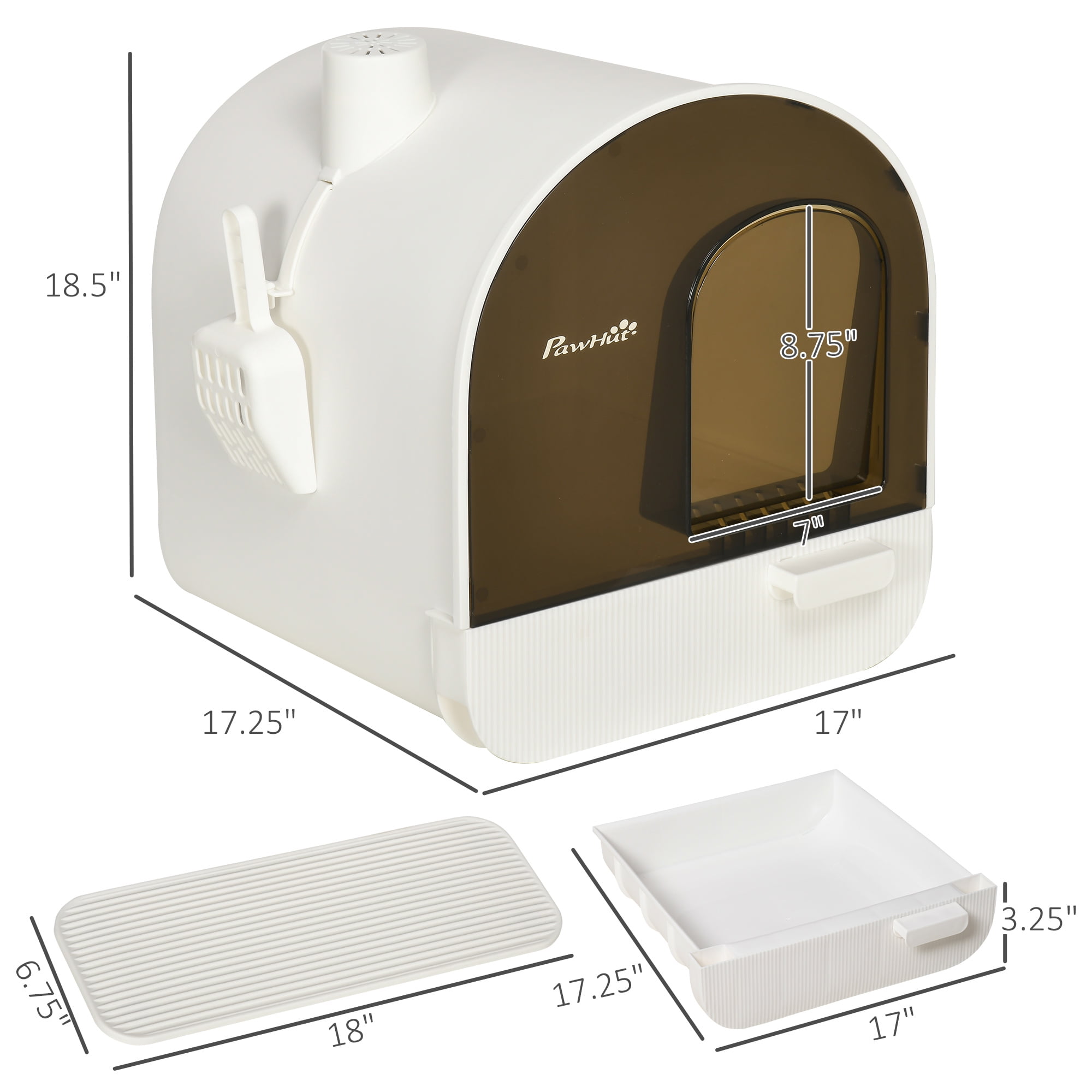 Covered Cat Litter Box with Lid Hooded Kitty Litter Box with Removable Tray Scoop Deodorizing Filter Litter Mat White
