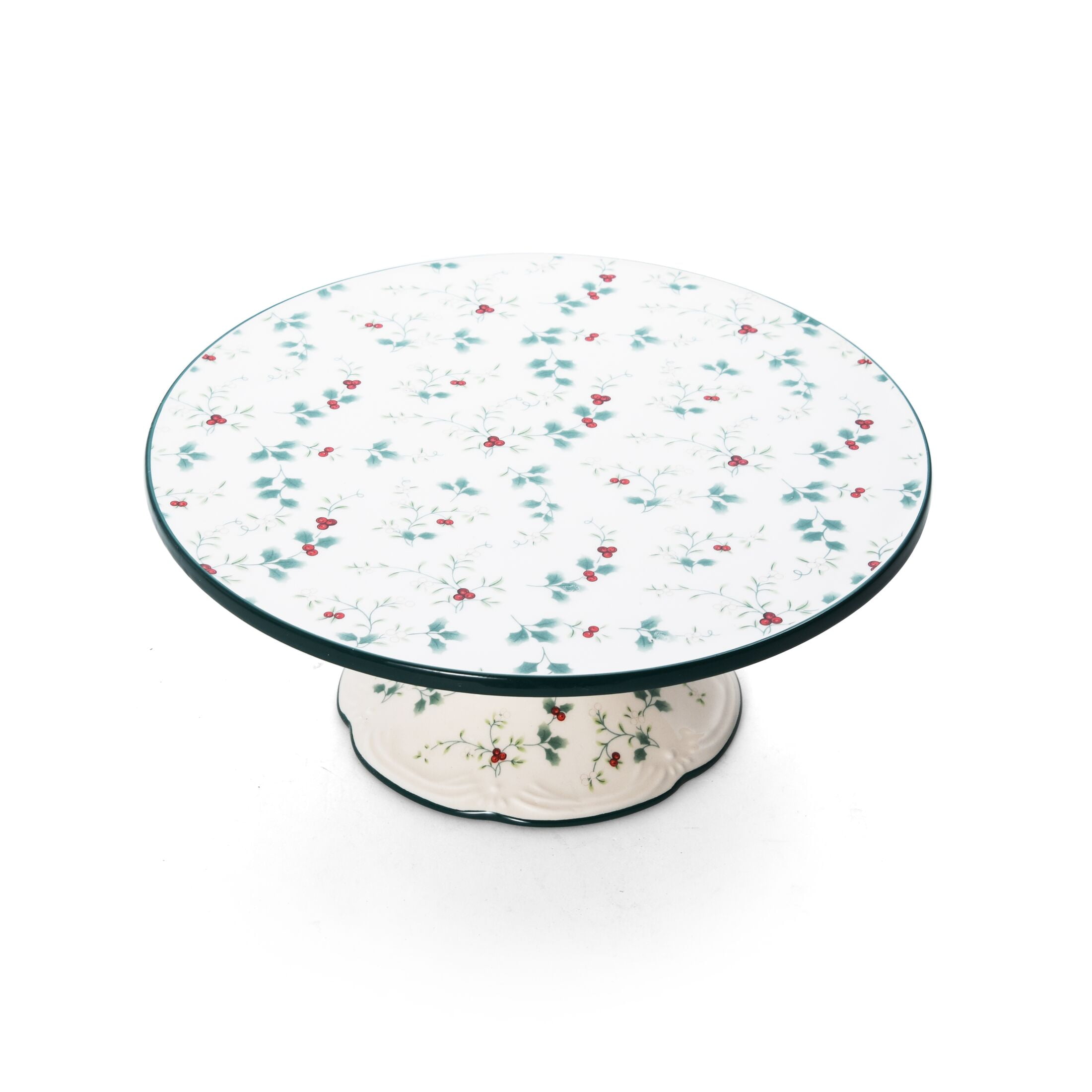 Pfaltzgraff Winterberry Round Cake Plate White with Green and Red Accents