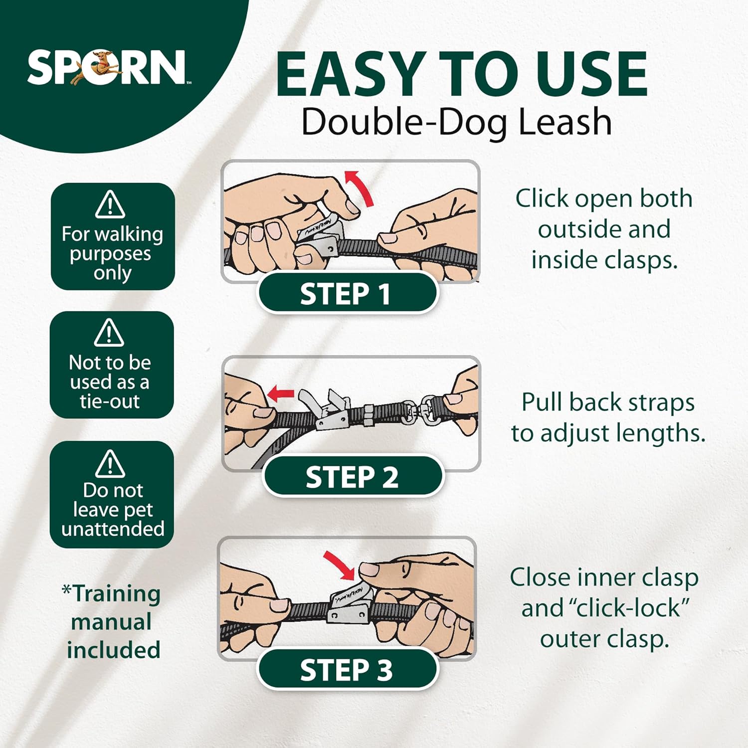 Sporn Double Dog Leash Fully Adjustable for Medium / Large Dogs Black