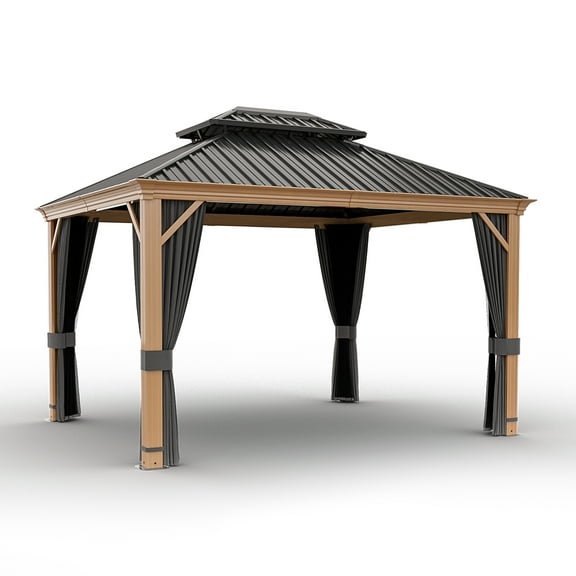 10 ft. x 12 ft. Double Roof Hardtop Wood Grain Aluminum Patio Gazebo with Netting and Gray Curtains