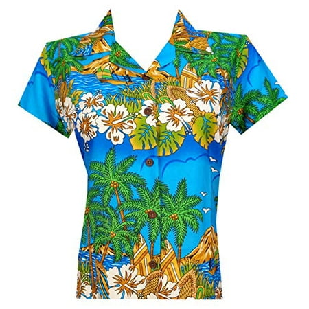Hawaiian Shirts 44W Womens Floral Scenic Beach Aloha Top Blouse Sky Blue L