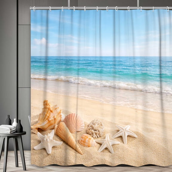 Starfish Beach Theme Shower Curtain Fabric, Tropical Sea Waves Seashell Conch Hawaiian Seaside Scene, Ocean View Cloth Shower Curtains No Smell with 12 Rustproof Grommet Holes, 72x72 Inches