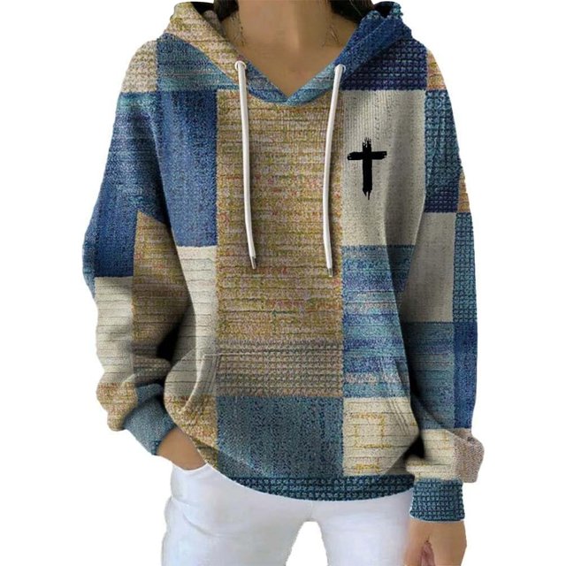 WZXFASHION Chandail Décontracté à Capuche à Carreaux pour Femmes, Automne et Hiver, Impression Numérique, jusqu'à 50 % de Rabais, Chandail à Enfiler pour Hommes