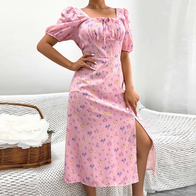 Robes pour Femmes Été 2024, Robe Décontractée Sexy à Col Carré, Manches Bouffantes, Robe Fendue Florale pour Vacances, Manches Courtes, Col en V, 50 % de Réduction!