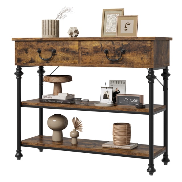 Table Console Étroite avec 2 Tiroirs, Table d'Entrée Brun Rustique avec Tablette de Rangement, Petite Table pour Salon, Couloir Ou Vestibule