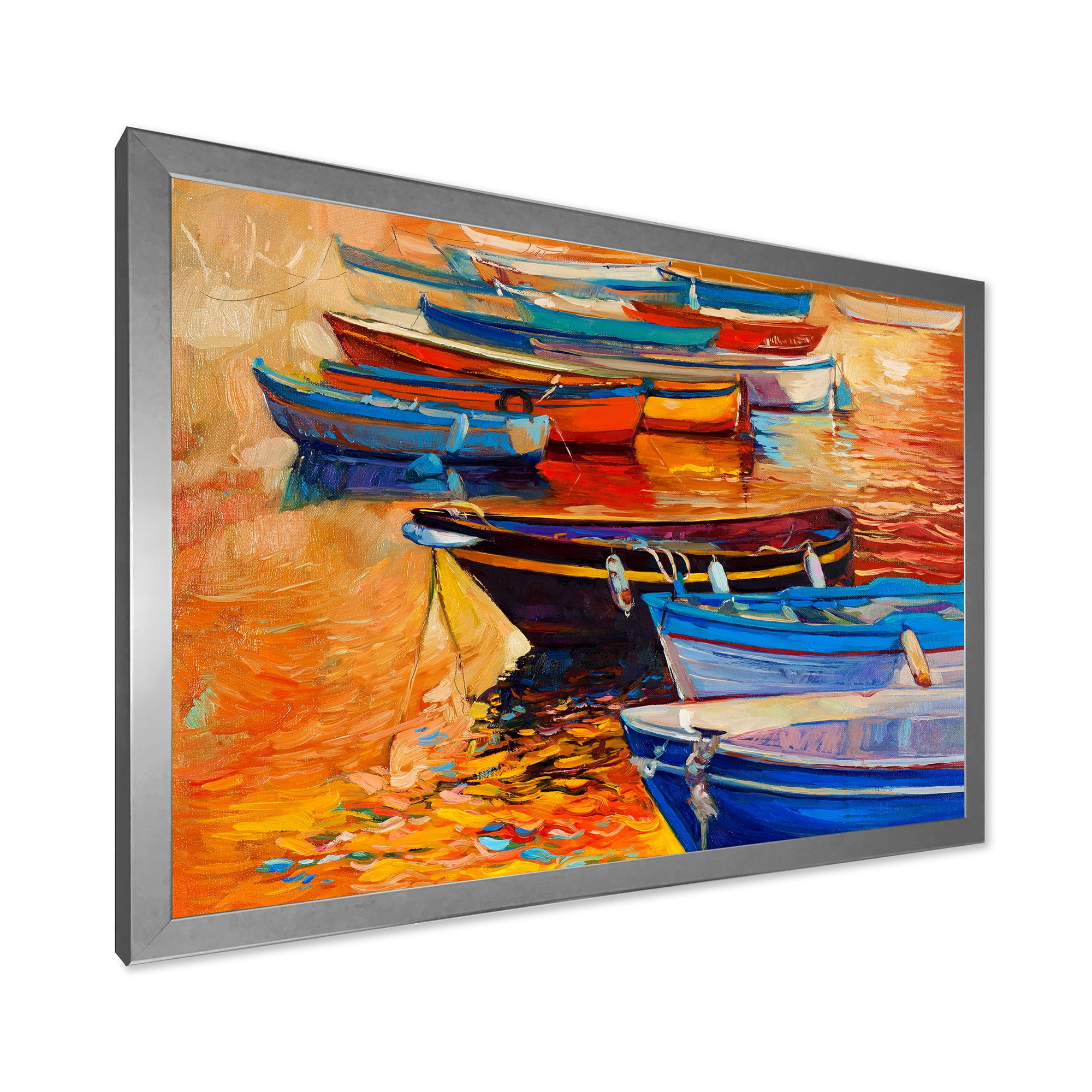 Boats During Warm Colored Sunset In The Harbor I 20 in x 12 in Framed Painting Canvas Art Print, by Designart