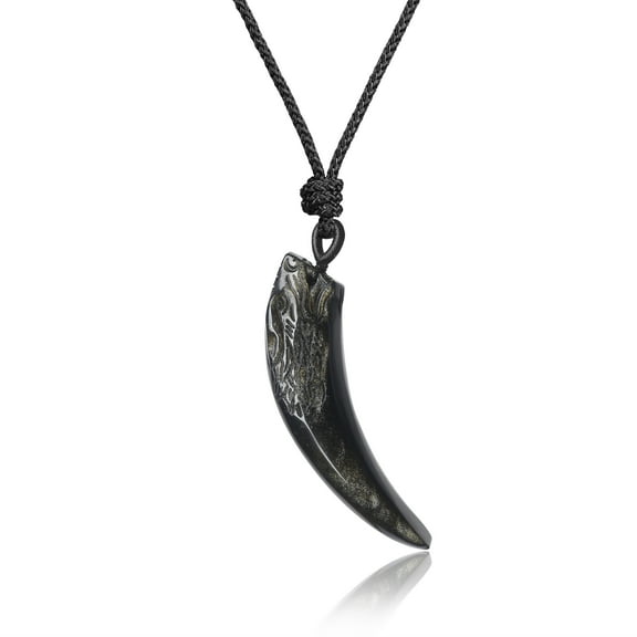 COAI Adjustable Wolf Teeth Genuine Gold Obsidian Stones Pendant Necklace