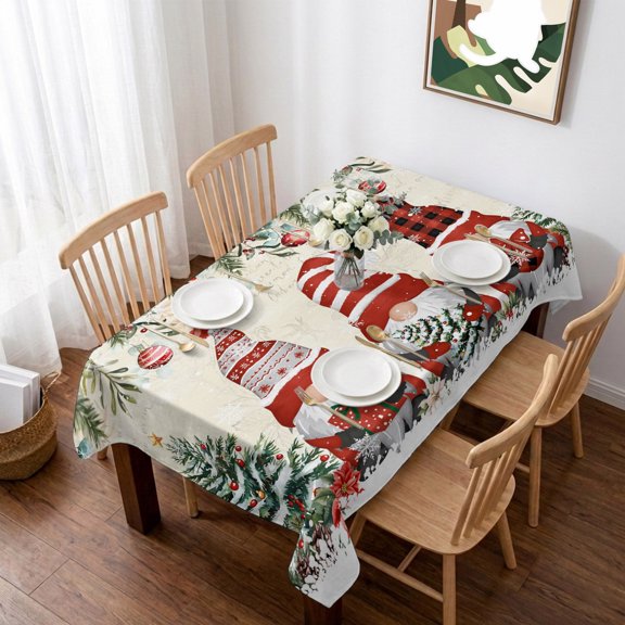 Beige Christmas Table Cloth Waterproof Tablecloths, Gnomes Xmas Tree Poinsettia Eucalyptus Tablecloth Dining Table Cover for Kitchen Party Tabletop Outdoor, Rectangle Tablecloth 52x70 Inch