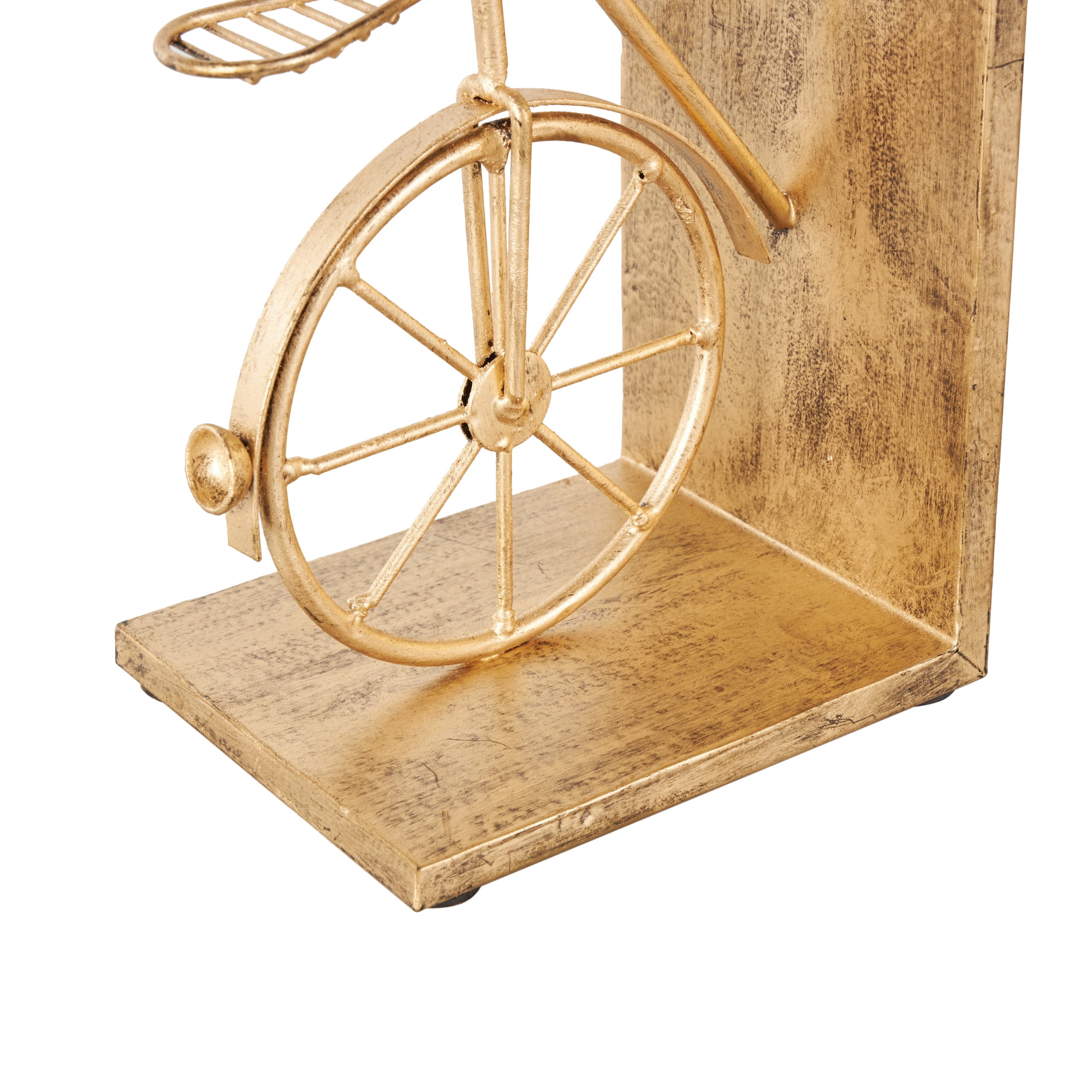 DecMode 6" Bike Gold Metal Bookends with Wood Accents (Set of 2)