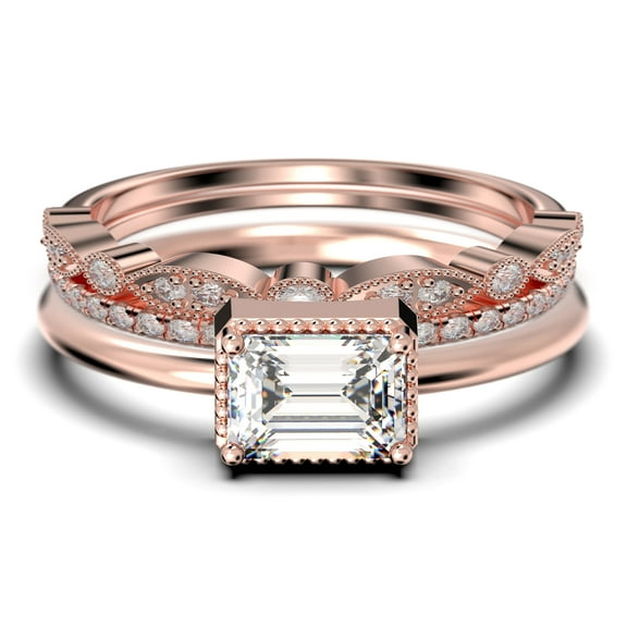 Minimalist 2.00 Carat Emerald Cut Diamond Moissanite Engagement Ring, Wedding Ring in 10k Solid Rose Gold, Gift For Her, Promise Ring, Anniversary Ring, Trio Rings Set
