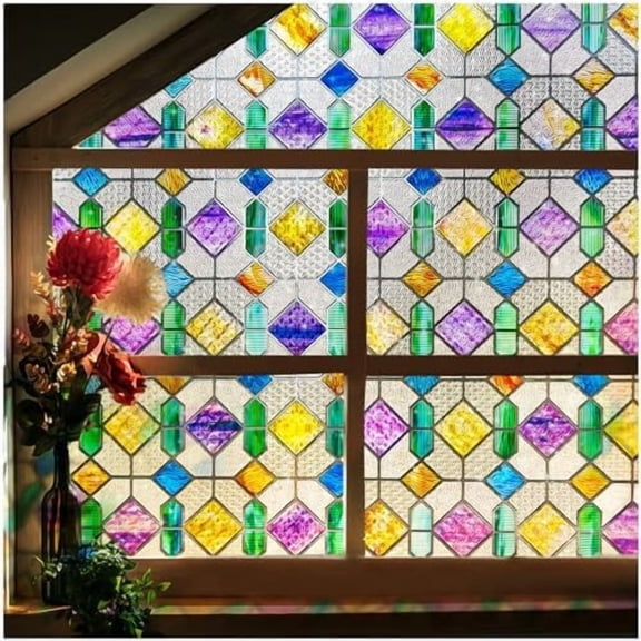 Beautsaid Window Privacy Film Stained Glass, Rainbow Window Film Decorative for Bathroom, Peel and Stick Window Cling Removable(Rainbow,16.9 x 39.4 inch)