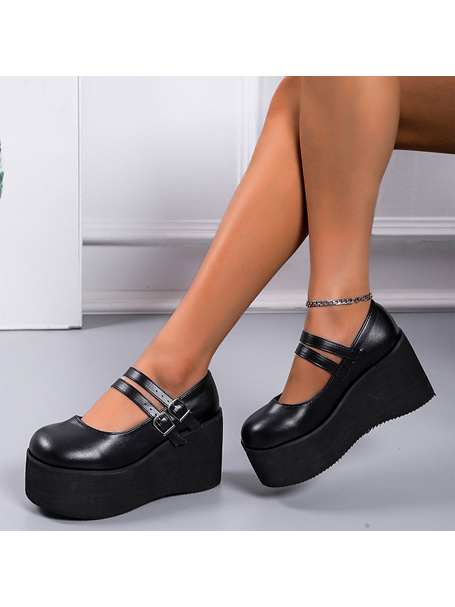 black wedge mary jane heels