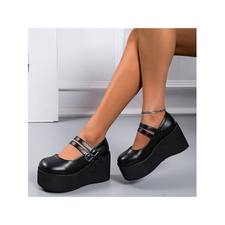 

Rockomi Women Lolita Shoes Platform Mary Janes Gothic Ankle Strap Round Toe Chunky Heel Uniform Dress Pumps Shoes Black 5