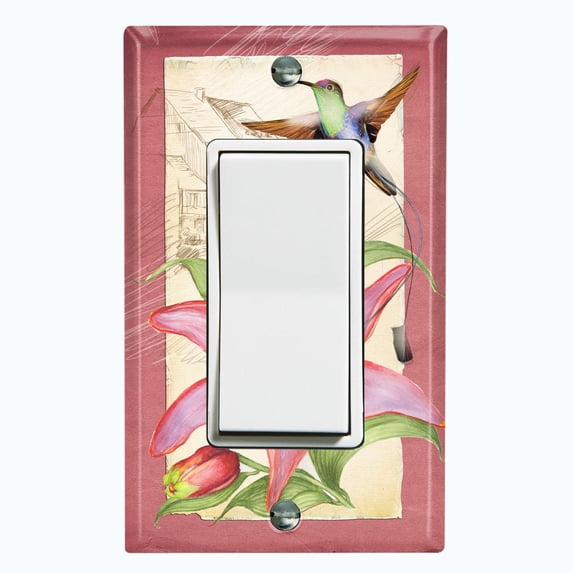 Metal Light Switch Plate Cover Antique Floral Hummingbird Home Sketch Red FLW102