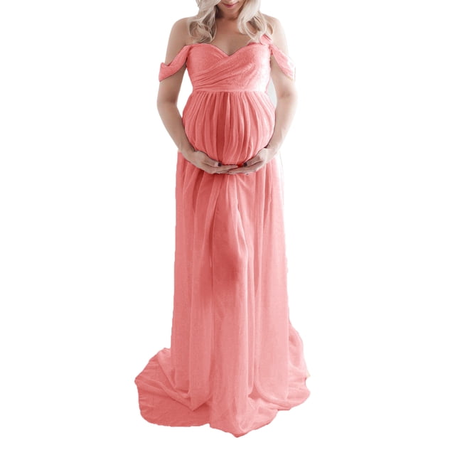 Vestido largo de maternidad con hombros descubiertos, elegante, con dobladillo suelto, vestido de mujer embarazada para sesión de fotos en tienda nupcial, rosa afrutado S